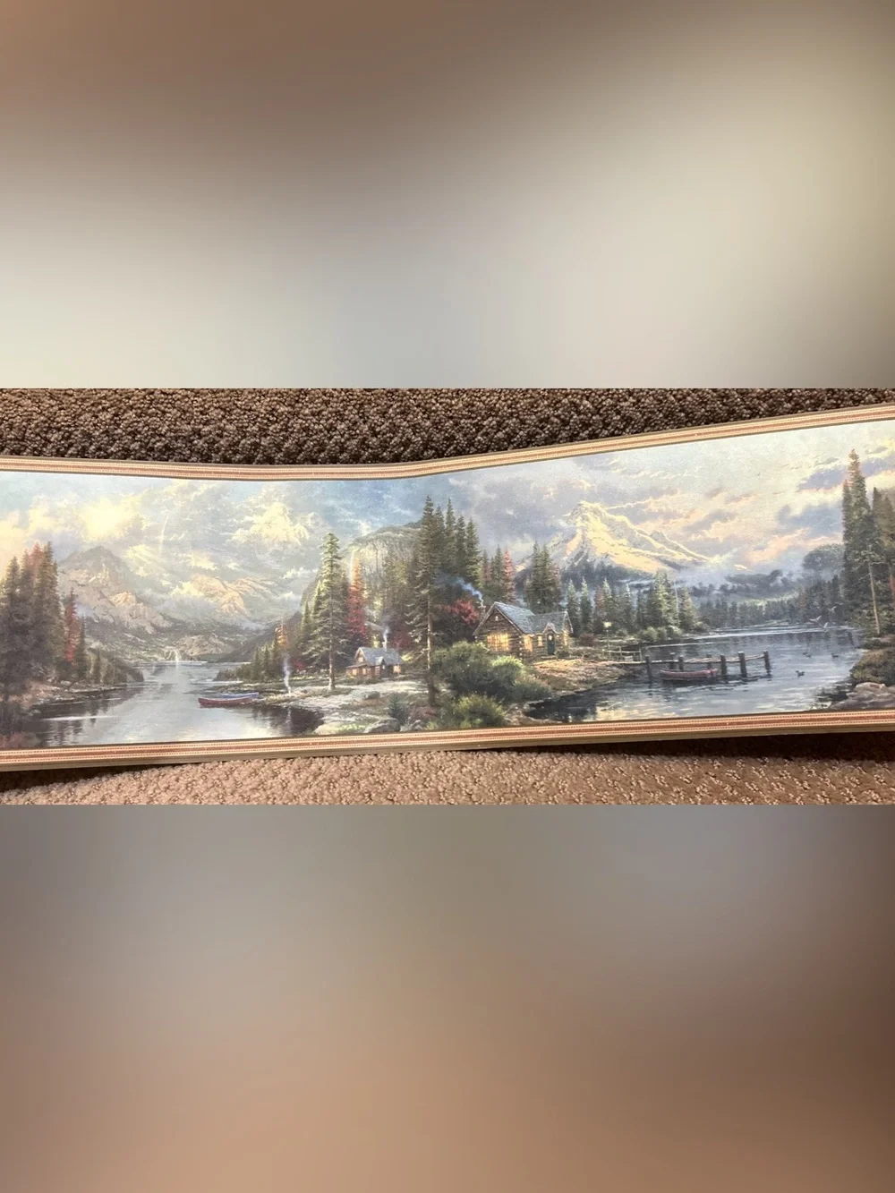 Thomas Kinkade “Painter Of Light” Wallpaper Border Cabin Water Mountains Trees
